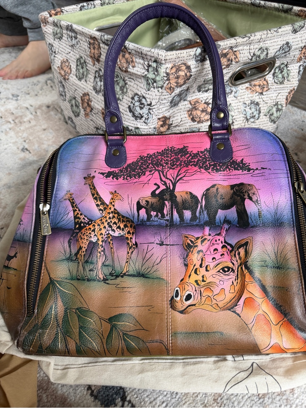 Anuschka Hand-Painted Safari Leather Satchel – Purple, Pink, Orange